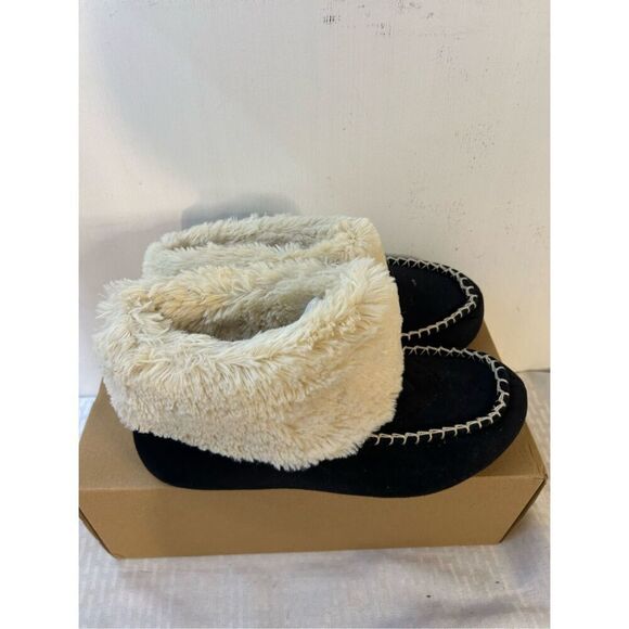 Dear foams 9-10 rn#21810 slipper ankle boots fur trimmed black cream - Picture 1 of 6